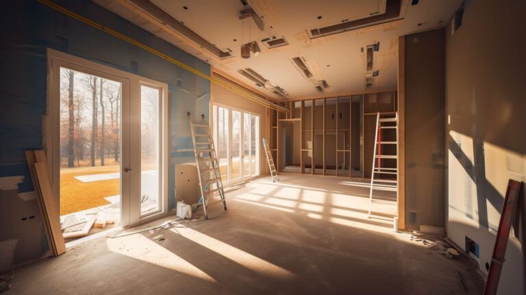 Renovation services Quebec and Montreal showing a room under construction with wooden wall framing, ladders, drywall sheets, and sunlight coming through large windows, representing home remodeling and renovation work.