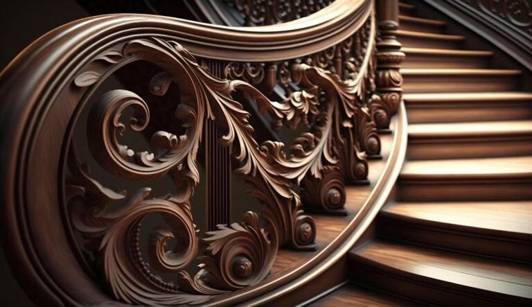 Elegant curved wooden staircase in Quebec featuring Victorian-style hand-carved balusters and ornate railing details, showcasing master craftsmanship carpentry with rich dark-stained wood that highlights the intricate grain and floral carvings.