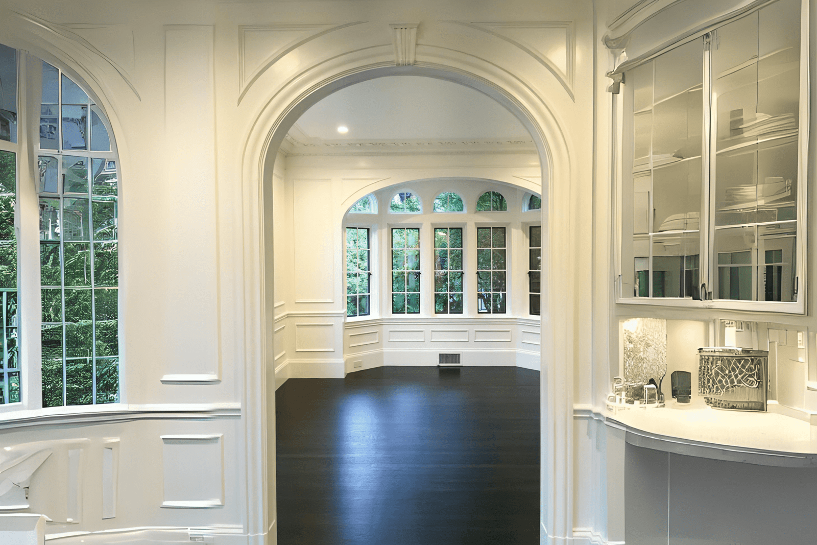 Elegant white-painted interior with decorative moldings, an arched doorway, and a built-in glass cabinet, showcasing refined interior painting work in Quebec.