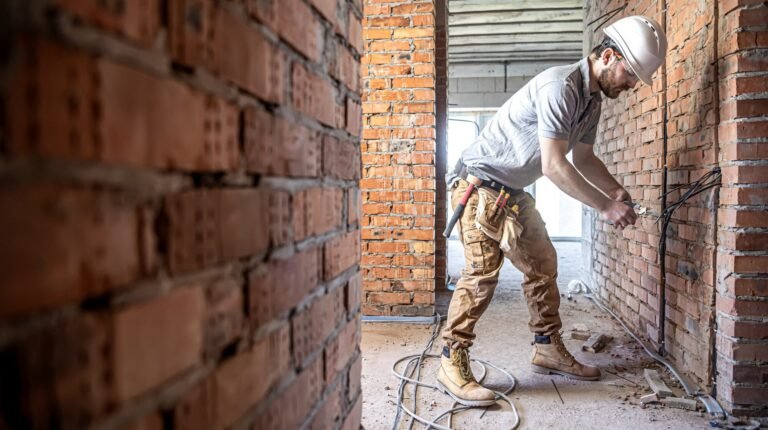 Affordable Housing & SCHL Quebec – An electrician installing electrical wiring in a building under construction, representing the technical precision and quality craftsmanship involved in Affordable Housing & SCHL Quebec projects
